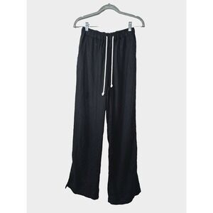 Womens Black Linen Pant Pockets Wide Leg Drawstring Waist Small Minimal Beach